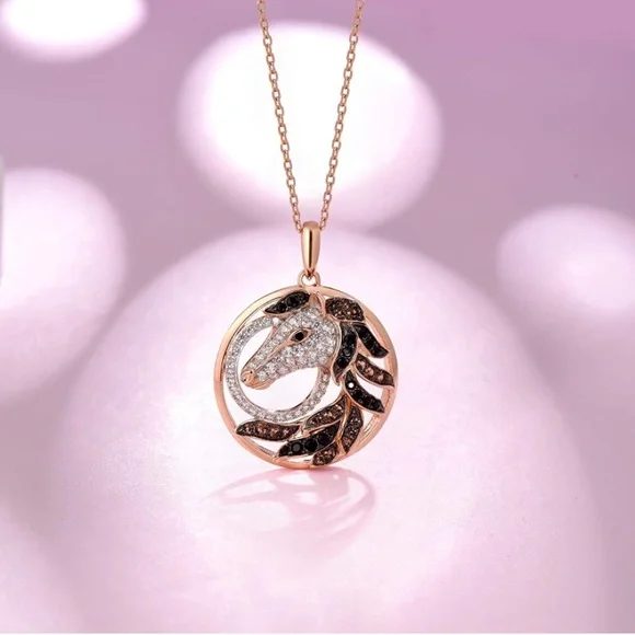 ** FLASH SALE ** Chocolate Diamond Mustang Horse Pendant Necklace - Picture 4 of 7